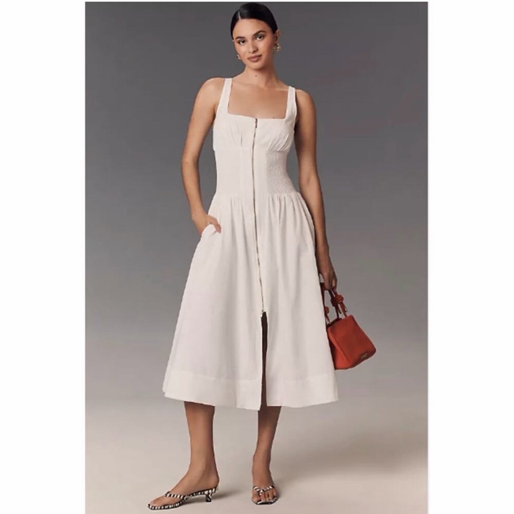 Anthropologie Tommie Cap Sleeve White Smocked front zip shirt dress XS